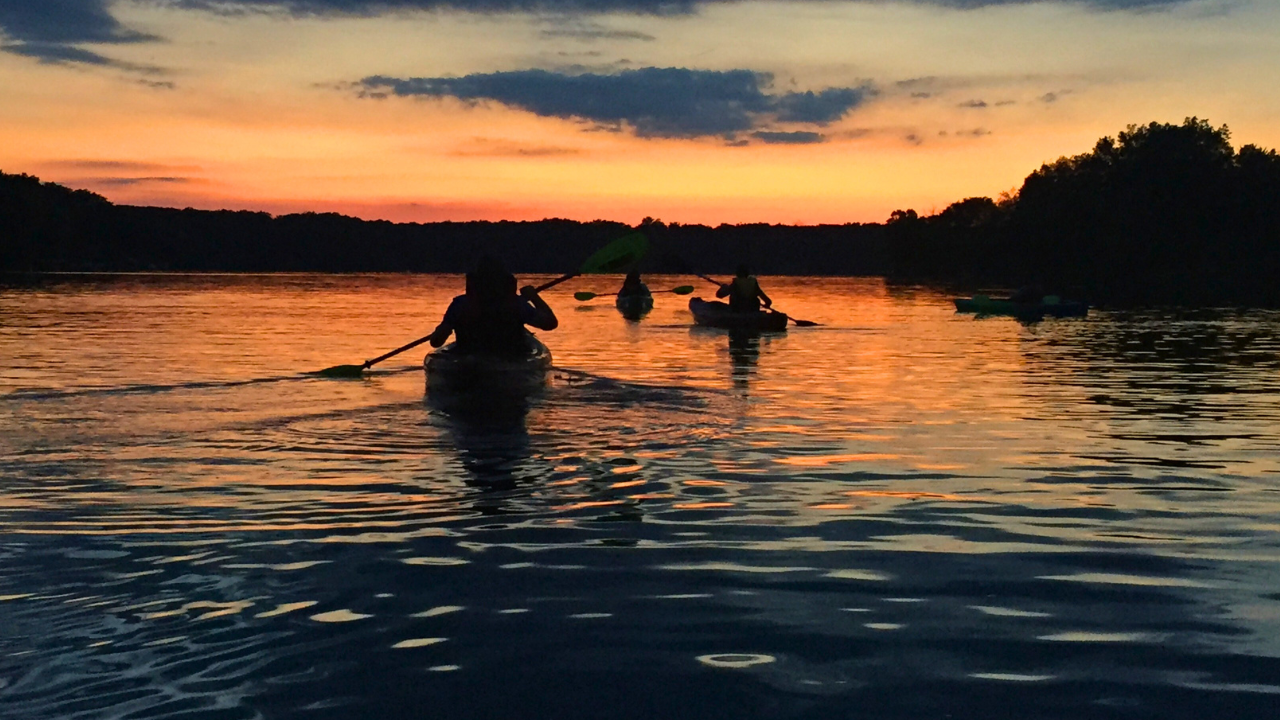 Group kayaking at sunset on Mosquito Lake in Northeast Ohio, with reflections on calm water and wooded shoreline in silhouette