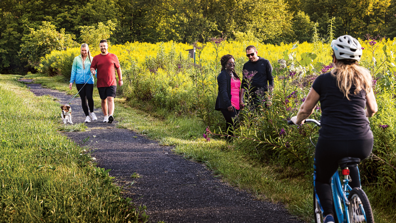 People walking dogs, biking, and enjoying nature along Turkey Run Trail at Mosquito Lake State Park in Northeast Ohio