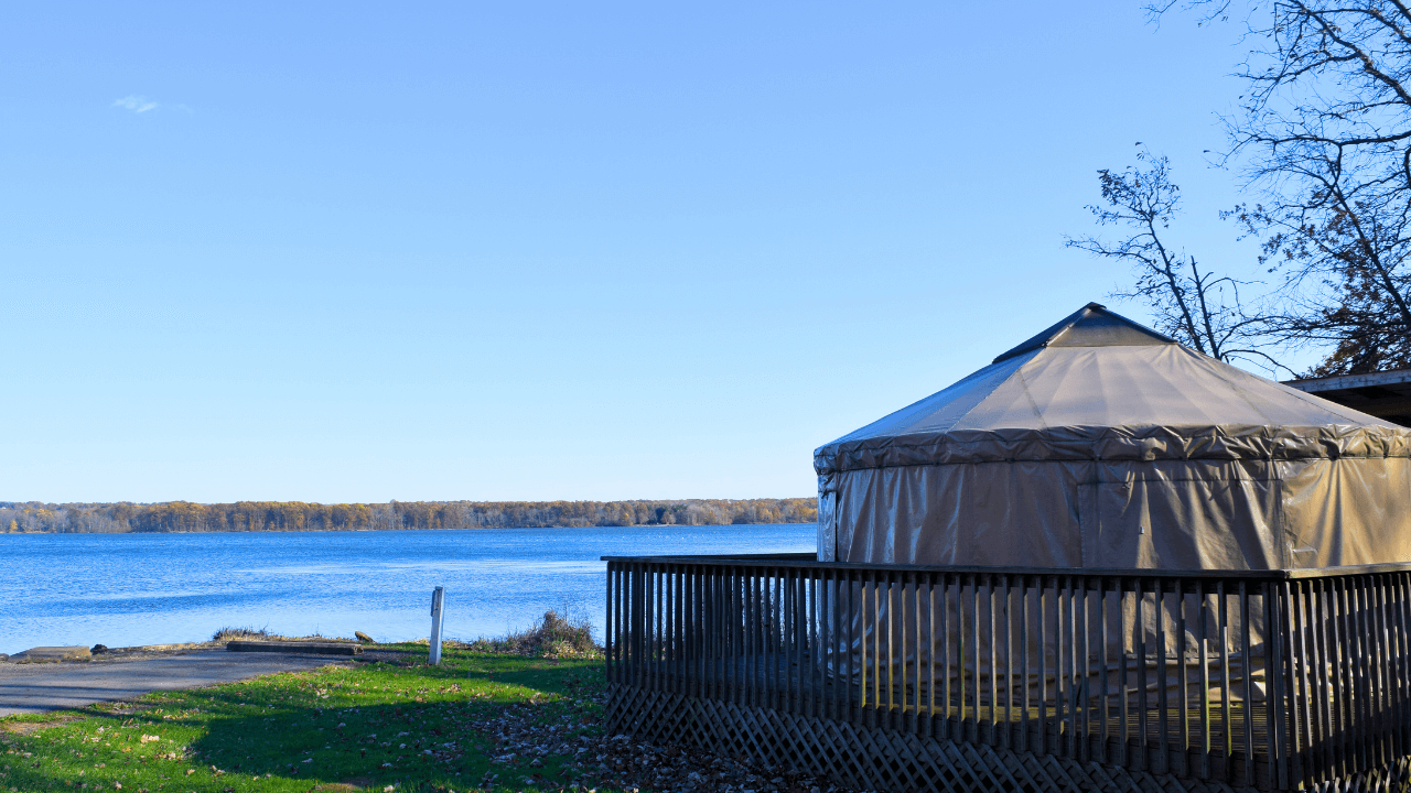 Lakeside yurt at Mosquito Lake State Park in Northeast Ohio, offering a scenic and cozy camping experience near the shoreline
