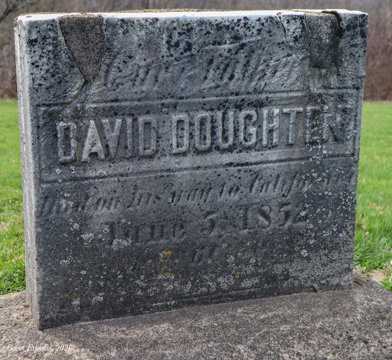 Although his remains lie on the Wyoming prairie, a headstone for David Doughten stands in Old North Cemetery, inscribed with the epipath “Our Father, David Doughten - died on his way to California, June 5, 1852 - Aged 61 yrs.” (Photo by Gavin Esposito).