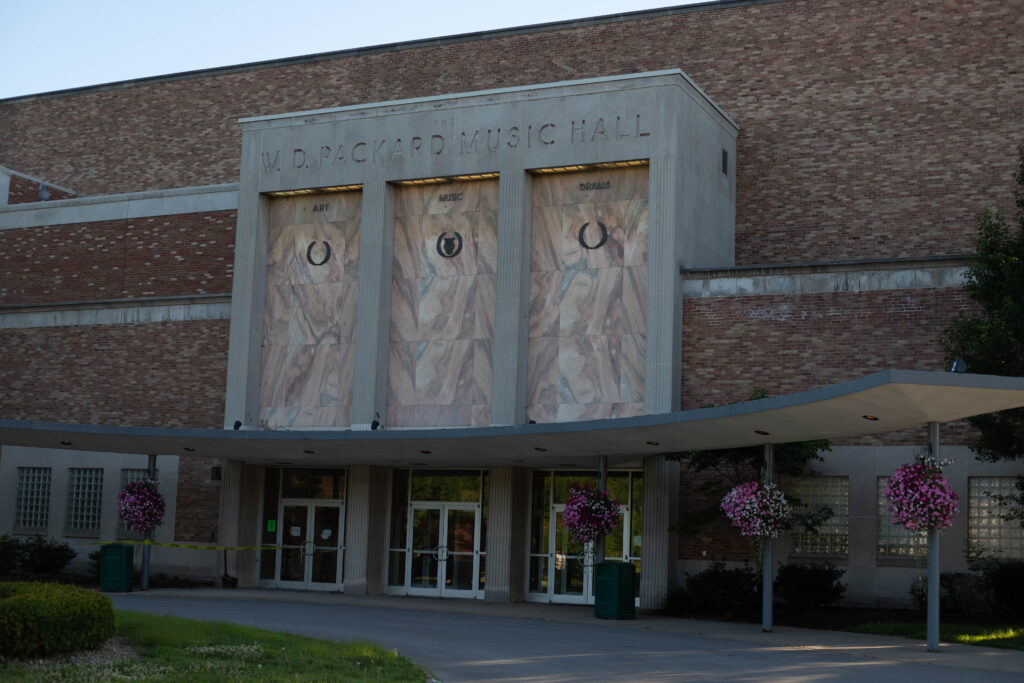 Nighttime view of W.D. Packard Music Hall in Warren, Ohio, a historic venue hosting concerts, ballet, and community performances.