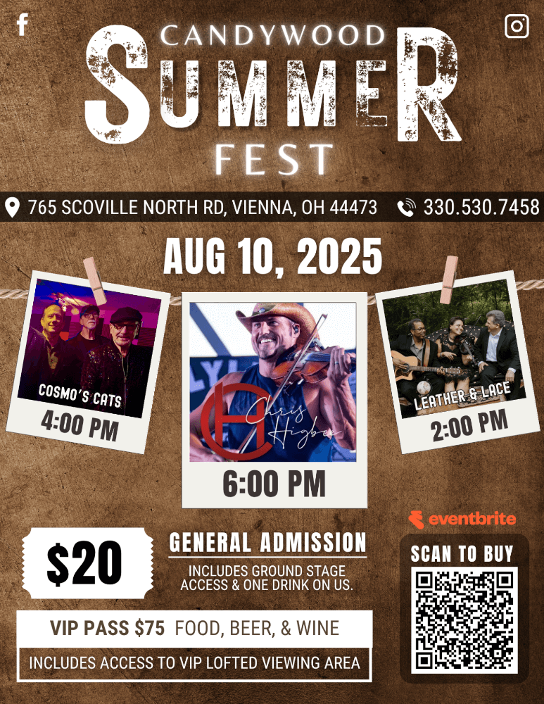 Candywood Summer Fest is back with Chris Higbee Sunday August 10th, 2025! Join us at Candywood Wine Cellar located in the countryside of Vienna, Ohio