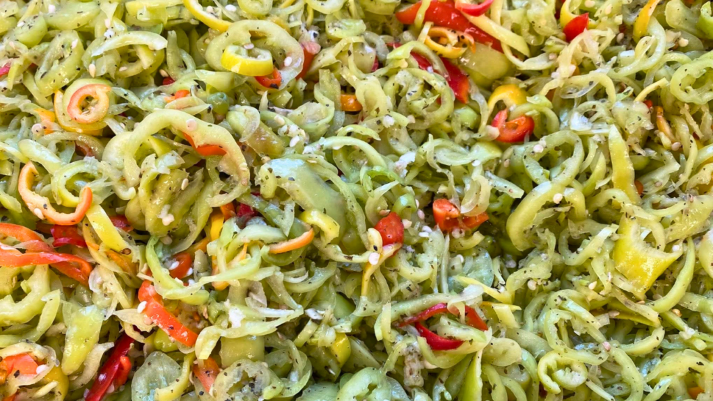 Colorful hot peppers in oil, a regional Italian-American specialty featured on Trumbull County’s Italian Food Trail in Northeast Ohio.