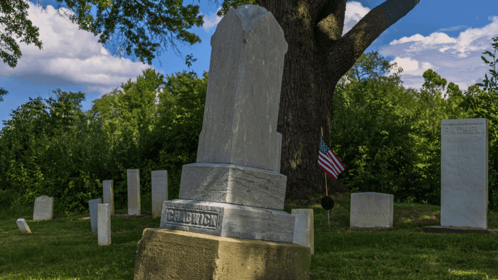 Chadwick family headstone beneath large oak tree in historic Doud Cemetery, Vienna Township, Trumbull County, Ohio.