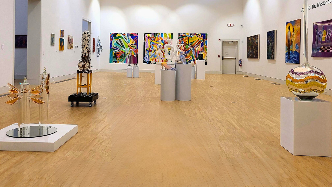 Gallery view of ZODIAC: The Mysterious Connection exhibit at Medici Museum of Art in Howland, Ohio, featuring abstract and sculptural artworks