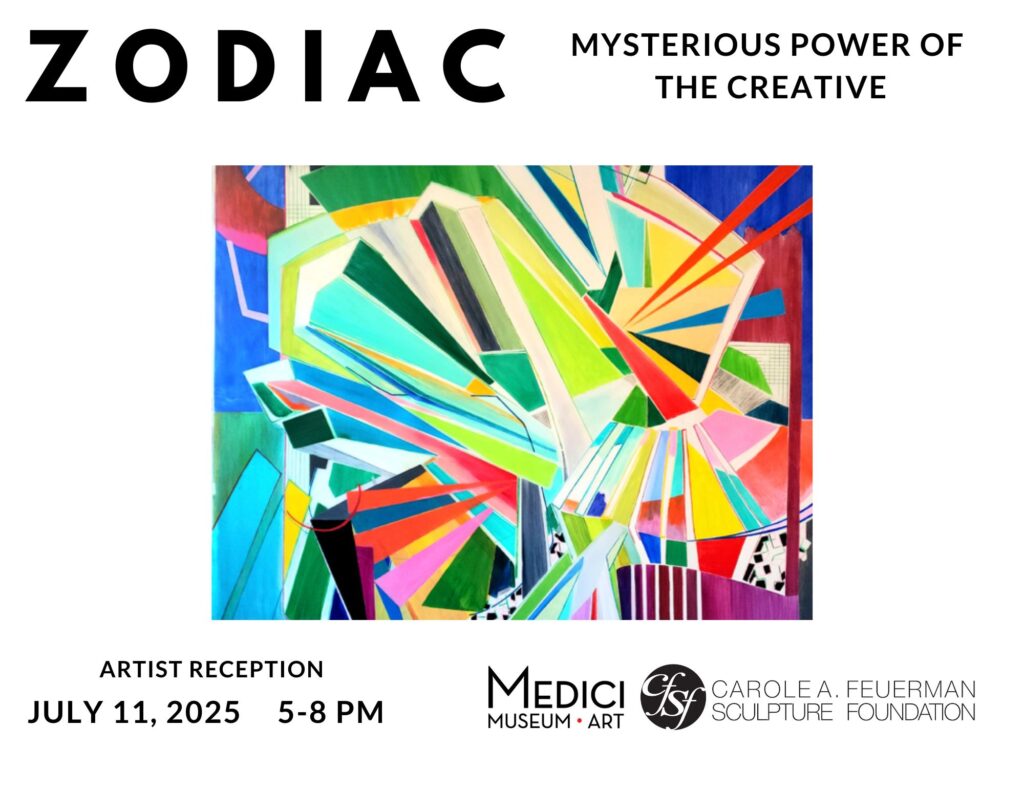Flyer for ZODIAC: Mysterious Power of the Creative exhibit at Medici Museum of Art in Howland, Ohio, with abstract artwork and event details.