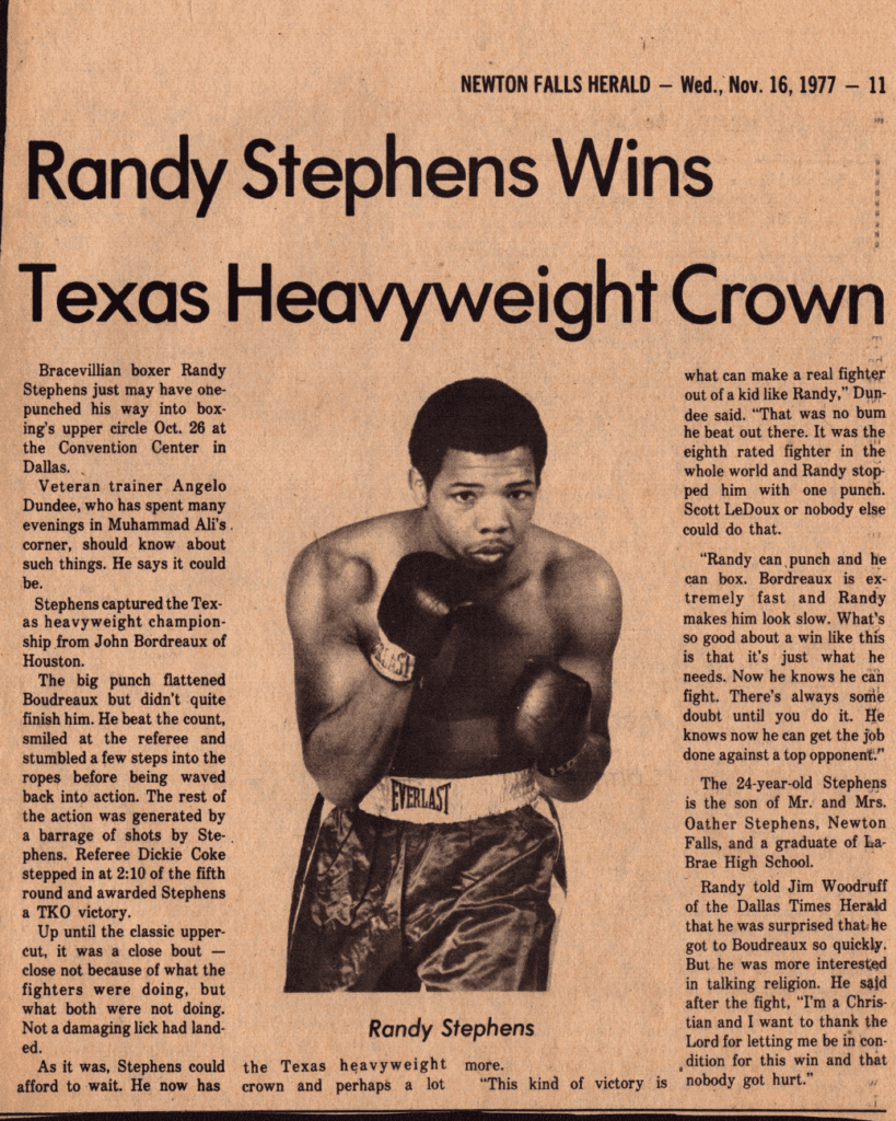 1977 Newton Falls Herald clipping announcing a Texas heavyweight crown; historic sports archive in the museum documentary.