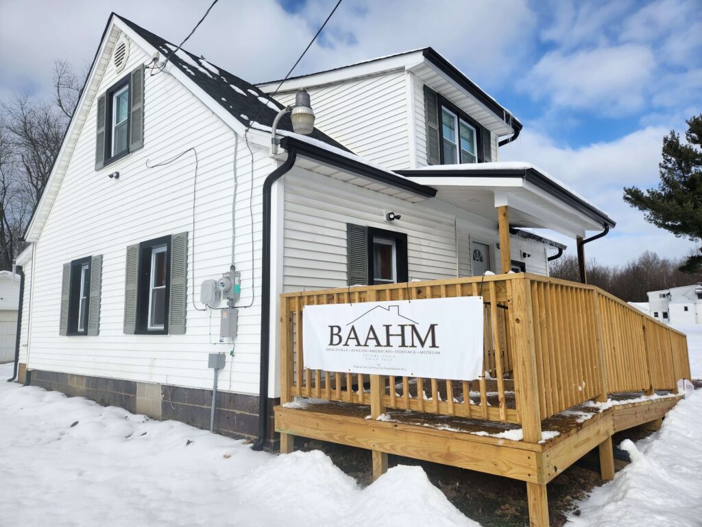 Braceville African American Heritage Museum exterior with BAAHM banner in winter, Braceville, Ohio; site featured in documentary.