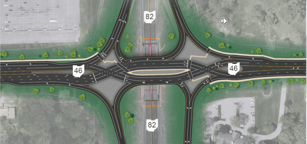ODOT rendering of the Diverging Diamond Interchange at SR-46 and SR-82 by Eastwood Mall, showing lane crossovers, turn lanes, and improved traffic flow