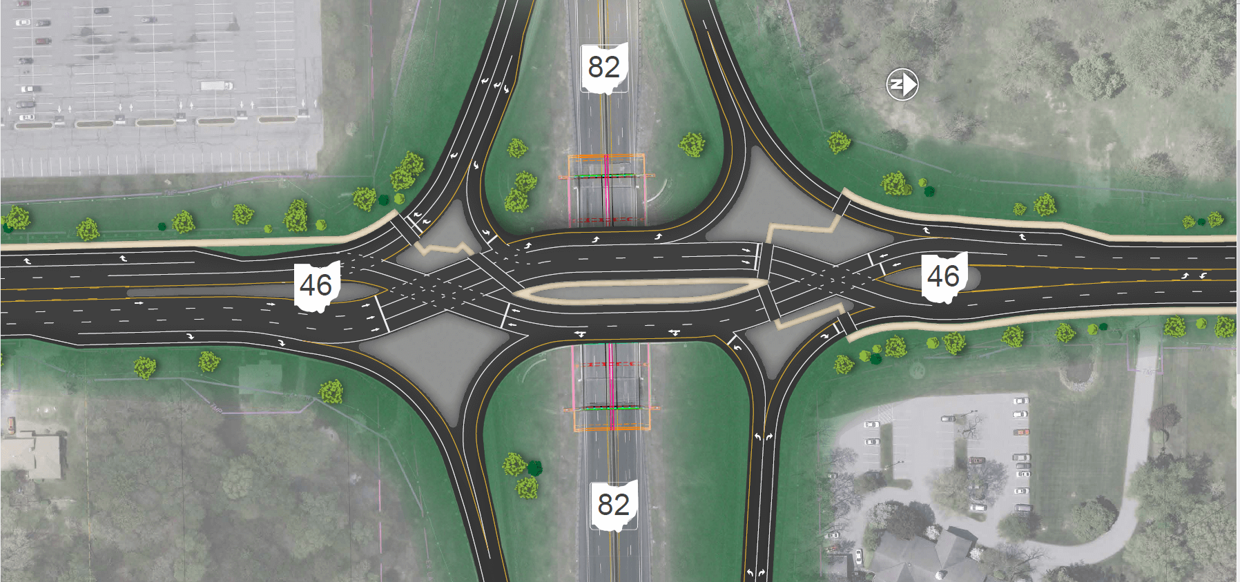 ODOT rendering of the Diverging Diamond Interchange at SR-46 and SR-82 by Eastwood Mall, showing lane crossovers, turn lanes, and improved traffic flow