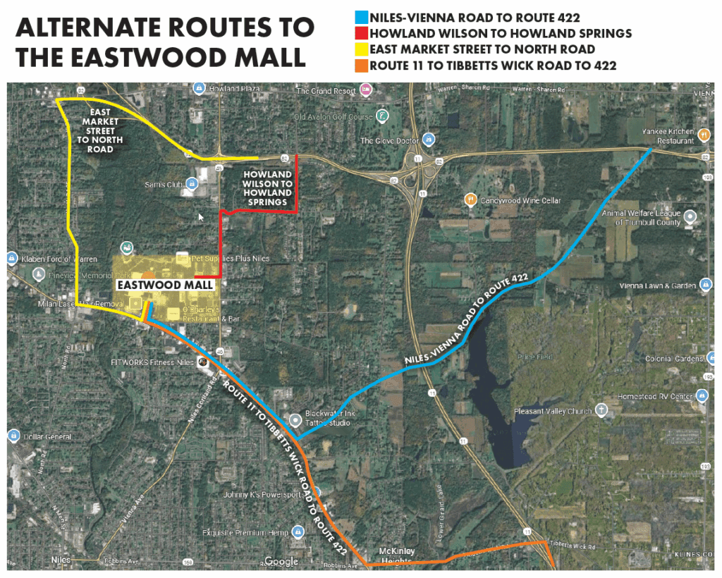 Map of alternate routes to the Eastwood Mall during the SR-82 westbound to SR-46 ramp closure: Niles-Vienna Rd to 422, Howland-Wilson → Howland Springs, East Market St → North Rd, and Route 11 via Tibbetts Wick to 422.