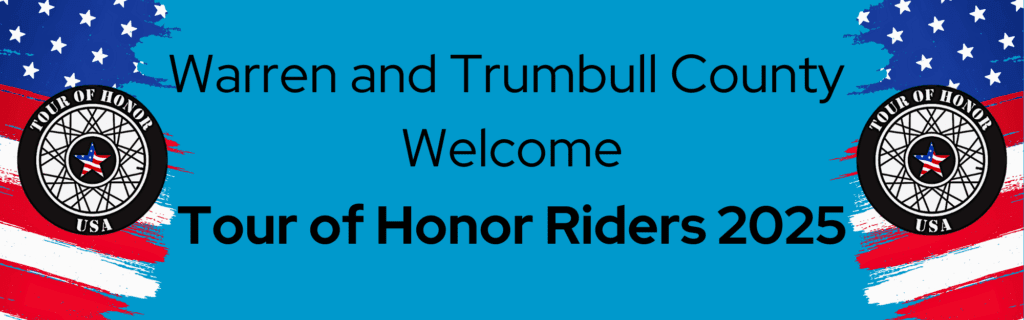 Tour of Honor Riders 2025 welcome banner with patriotic design displayed by Warren and Trumbull County, Ohio
