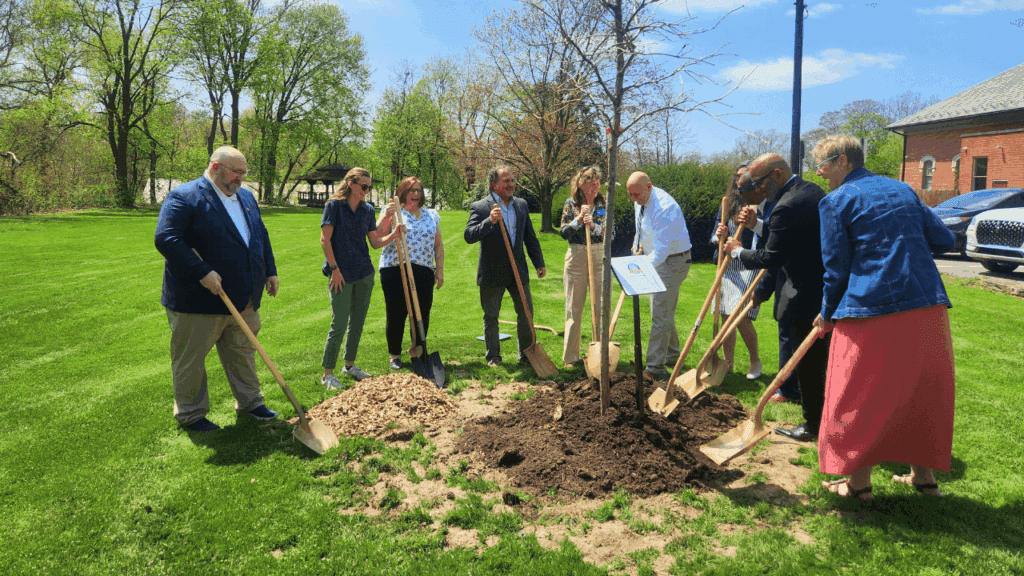 Speakers and community leaders gather at Warren City Hall for America 250-Ohio Heritage Tree planting ceremony in Trumbull County.