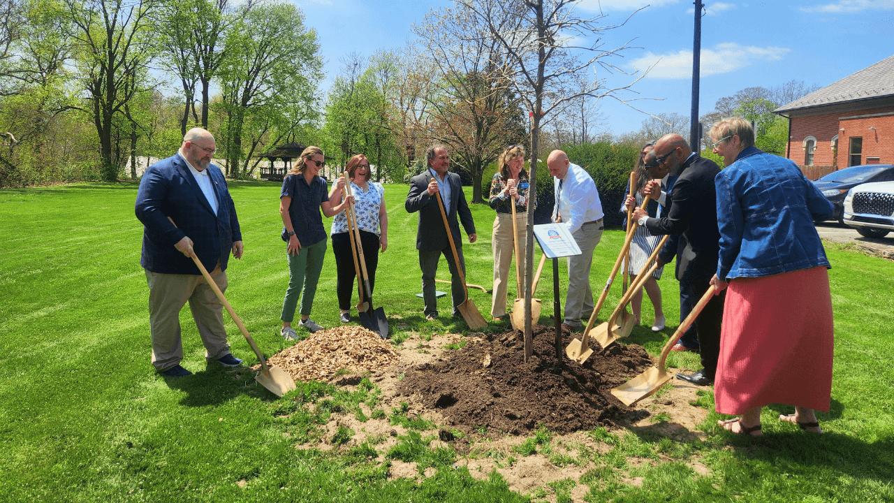 Speakers and community leaders gather at Warren City Hall for America 250-Ohio Heritage Tree planting ceremony in Trumbull County.