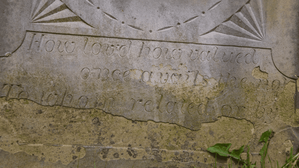 Inscription on the gravestone of War of 1812 veteran Lyman Webb at Evergreen Cemetery in Johnston Township, Ohio, featuring a verse from Alexander Pope’s 1717 elegy.