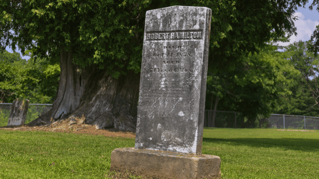 Gravestone of Robert Hamilton, patriarch of Johnston Township’s first Scottish family, buried in the Little Scotland section of Evergreen Cemetery, Trumbull County, Ohio.