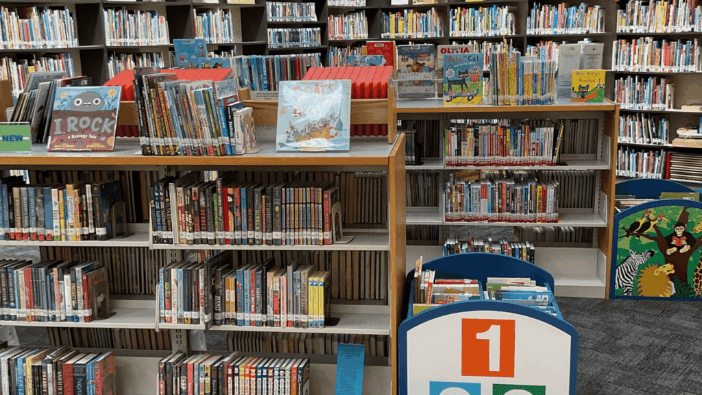 Children’s section at the Eastwood Mall Library in Niles, Ohio—low bins and shelves filled with picture books and chapter books; part of the Warren–Trumbull County Public Library.