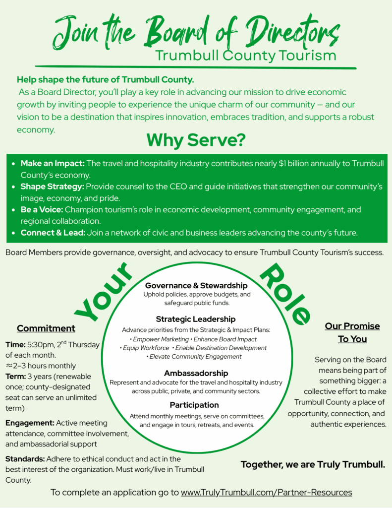 Apply to join Trumbull County Tourism’s Board of Directors—help shape strategy, drive economic growth, and champion community impact.
