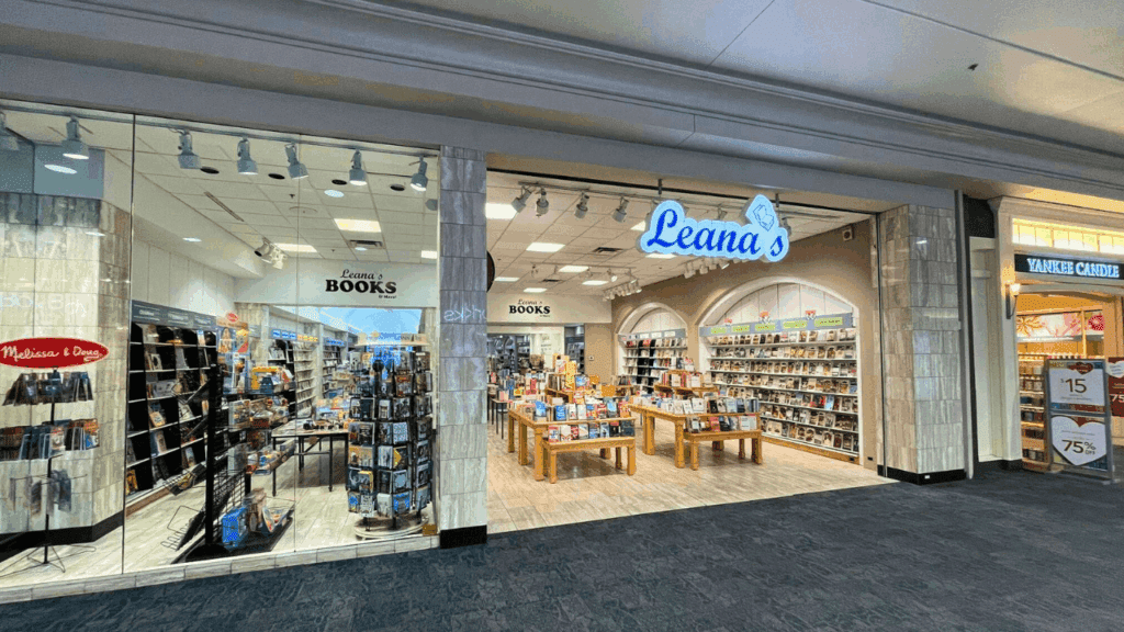 Storefront of Leana’s Books & More inside Eastwood Mall in Niles, Trumbull County, Ohio—tables and shelves of new, used, and bargain books at an independent bookstore.