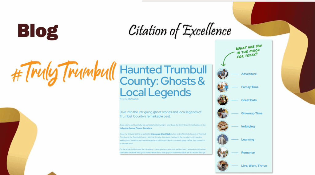 Award slide showing “Citation of Excellence” for Trumbull County Tourism’s blog series, featuring the post “Haunted Trumbull County: Ghosts & Local Legends” and the #TrulyTrumbull brand menu.