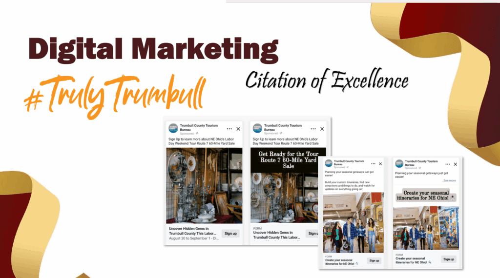Award slide showing “Citation of Excellence” in Digital Marketing for Trumbull County Tourism’s email-driven campaign promoting the Route 7 60-Mile Yard Sale and seasonal trip planning ads.