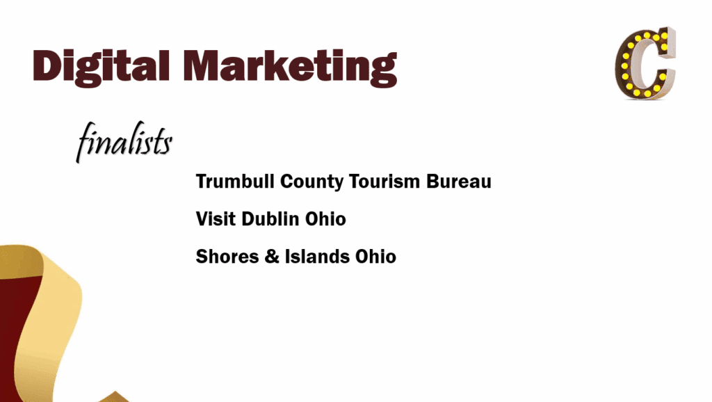 Slide listing Digital Marketing finalists: Trumbull County Tourism Bureau, Visit Dublin Ohio, Shores & Islands Ohio.