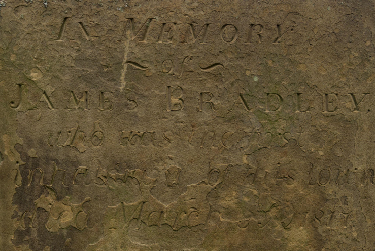 A photo of James Bradley's grave at Evergreen Cemetery.
